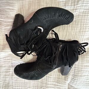 Born Suede Fringe Black Buckle Ankle Heeled Boots